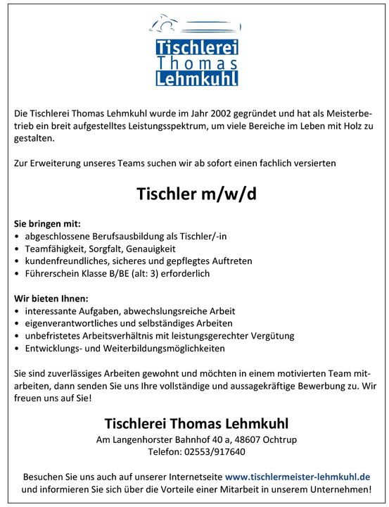 Stellenangebot Tischler